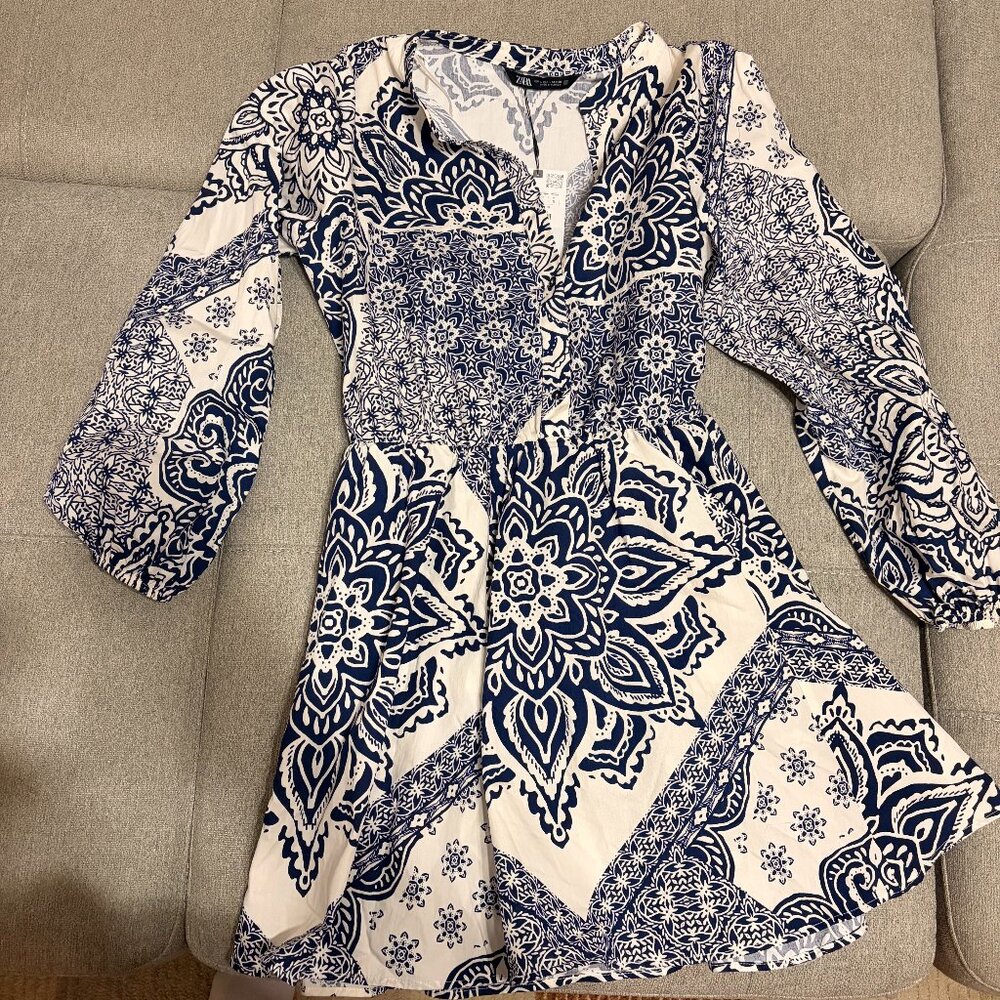 NWT Zara Blue + White Paisley Mini Dress